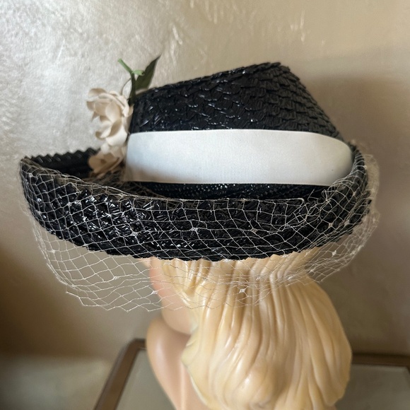 FANCY 1940s\' BLACK STRAW WIDE BRIM HAT + CREAM  FABRIC FLOWERS/LEAVES + VEIL main image 5